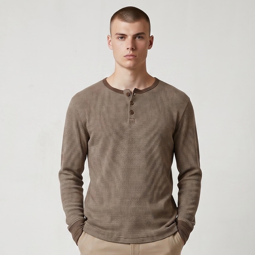 John Varvatos Collection Henley Mens Small Brown 100% Wool Waffle Knit Luxury